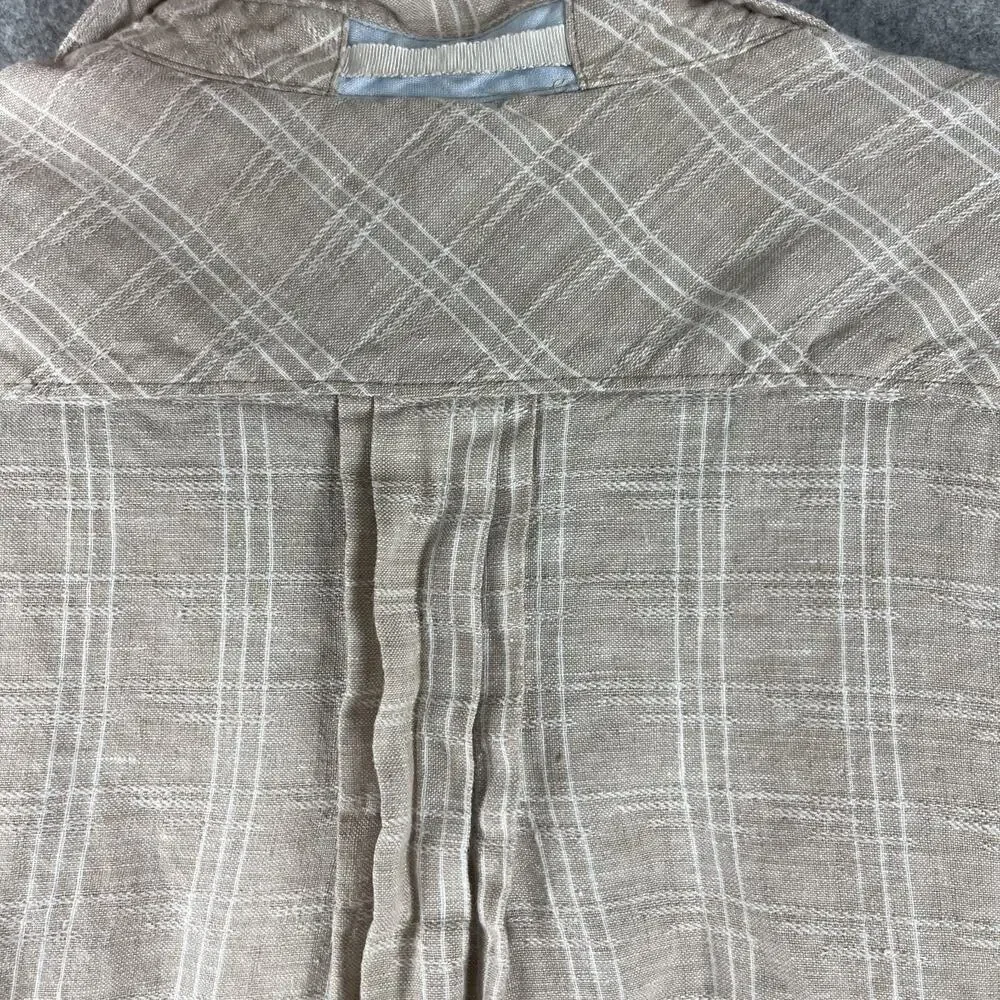 Tommy Bahama Linen Top Womens Medium Beige Plaid Short Sleeve Coastal Beachy - Picture 11 of 12